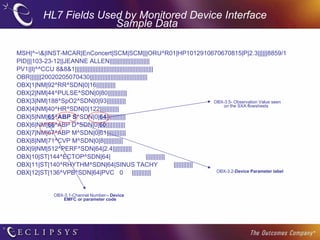 HL7 Fields Used by Monitored Device Interface   Sample Data MSH|^~\&|INST-MCAR|EnConcert|SCM|SCM|||ORU^R01|HP1012910670670815|P|2.3||||||8859/1 PID|||103-23-12||JEANNE ALLEN||||||||||||||||||||||||| PV1||I|^^CCU 8&8&1||||||||||||||||||||||||||||||||||||||||||||||||| OBR|||||||20020205070430|||||||||||||||||||||||||||||||||||| OBX|1|NM|92^RR^SDN|0|16|||||||||||| OBX|2|NM|44^PULSE^SDN|0|80|||||||||||| OBX|3|NM|188^SpO2^SDN|0|93|||||||||||| OBX|4|NM|40^HR^SDN|0|122|||||||||||| OBX|5|NM| 65 ^ ABP S ^SDN|0| 64 |||||||||||| OBX|6|NM| 66 ^ABP D^SDN|0| 60 |||||||||||| OBX|7|NM|67^ABP M^SDN|0|61|||||||||||| OBX|8|NM|71^CVP M^SDN|0|8|||||||||||| OBX|9|NM|512^PERF^SDN|64|2.4|||||||||||| OBX|10|ST|144^ECTOP^SDN|64|  |||||||||||| OBX|11|ST|140^RHYTHM^SDN|64|SINUS TACHY  |||||||||||| OBX|12|ST|136^VPB^SDN|64|PVC  0  |||||||||||| OBX-3.1-Channel Number- - Device EMFC or parameter code   OBX-3.5- Observation Value seen on the SXA flowsheets OBX-3.2- Device Parameter label   