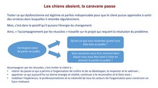 Les chiens aboient, la caravane passe
Traiter ce qui dysfonctionne est légitime et parfois indispensable pour que le client puisse apprendre à sortir
des ornières dans lesquelles il retombe régulièrement.
Mais, c’est dans le positif qu’il puisera l’énergie du changement.
Ainsi, « l’accompagnement par les réussites » travaille sur le projet qui requiert la résolution du problème.
J’ai toujours peur
de parler en public
Qu’est-ce que vous ressentez quand vous
êtes face au public ?
Vous souvenez-vous d’un moment dans
lequel vous vous êtes senti à l’aise en
prenant la parole en public ?
Accompagner par les réussites, c’est inviter le client à :
• retenir du passé ce qui a permis à l’organisation de croître et de se développer, le respecter et le valoriser ;
• apprécier ce qui aujourd’hui lui donne énergie et vitalité, continuer à le reconnaître et le faire vivre ;
• mobiliser l’expérience, le professionnalisme et la créativité de tous les acteurs de l’organisation pour construire un
futur motivant.
 
