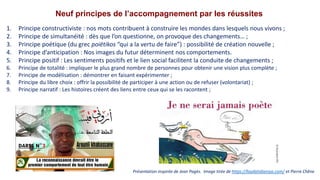 Neuf principes de l’accompagnement par les réussites
1. Principe constructiviste : nos mots contribuent à construire les mondes dans lesquels nous vivons ;
2. Principe de simultanéité : dès que l’on questionne, on provoque des changements… ;
3. Principe poétique (du grec poiëtikos “qui a la vertu de faire”) : possibilité de création nouvelle ;
4. Principe d’anticipation : Nos images du futur déterminent nos comportements.
5. Principe positif : Les sentiments positifs et le lien social facilitent la conduite de changements ;
6. Principe de totalité : impliquer le plus grand nombre de personnes pour obtenir une vision plus complète ;
7. Principe de modélisation : démontrer en faisant expérimenter ;
8. Principe du libre choix : offrir la possibilité de participer à une action ou de refuser (volontariat) ;
9. Principe narratif : Les histoires créent des liens entre ceux qui se les racontent ;
Présentation inspirée de Jean Pagès. Image tirée de https://faydatidianiya.com/ et Pierre Chêne
 