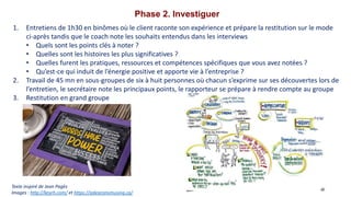 Phase 2. Investiguer
1. Entretiens de 1h30 en binômes où le client raconte son expérience et prépare la restitution sur le mode
ci-après tandis que le coach note les souhaits entendus dans les interviews
• Quels sont les points clés à noter ?
• Quelles sont les histoires les plus significatives ?
• Quelles furent les pratiques, ressources et compétences spécifiques que vous avez notées ?
• Qu’est-ce qui induit de l’énergie positive et apporte vie à l’entreprise ?
2. Travail de 45 mn en sous-groupes de six à huit personnes où chacun s’exprime sur ses découvertes lors de
l’entretien, le secrétaire note les principaux points, le rapporteur se prépare à rendre compte au groupe
3. Restitution en grand groupe
Texte inspiré de Jean Pagès
Images : http://keyrh.com/ et https://adeaconsmusing.ca/
 