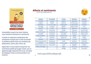 Affects et sentiments
vue par alain.ducass@energeTIC.fr
Interprétées à partir de notre histoire,
nous émotions évoluent en sentiments.
Il existe un important vocabulaire des
sentiments marqué par la carte du tendre
au XVIIème siècle et par ces centaines de
publications, livres, jeux, films, etc.
Apprendre à reconnaître et exprimer ses
sentiments plutôt qu’à juger l’autre, est un
apprentissage important de la vie, à la base
du dialogue et de la communication non
violente.
 