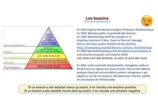 =
Les besoins
vue par alain.ducass@energeTIC.fr
En 1923 Virginia Henderson enseigne 14 besoins fondamentaux
En 1943, Maslow publie sa pyramide des besoins.
En 1990, Manfred Max-Neef les classifie en 9
chapitres touchant à l'être, l'avoir, le faire et l'interagir,
tout en décrivant quatre manière de les satisfaire
https://fr.wikipedia.org/wiki/Besoins_humains_fondamentaux
En 2005 Marshall Rosenberg relie les besoins aux émotions et
crée la communication non-violente (CNV)
Les mots sont des fenêtres, ou bien ils sont des murs
En effet, notre sentinelle émotionnelle, l’amygdale, veille en
filtrant tous les signaux qui nous arrivent. Dès qu’elle détecte
quelque chose qui est considéré comme « dangereux » par
rapport à l’un de nos besoins, elle déclenche l’alarme, parfois
en une dizaine de millisecondes.
Si un besoin a été satisfait mieux qu’avant, il en résulte une émotion positive
Si un besoin a été satisfait moins bien qu’avant, il en résulte une émotion négative
 