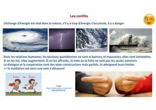 L’échange d’énergie est vital dans la nature, s’il y a trop d’énergie s’accumule, il y a danger
Dans les relations humaines, les tensions quotidiennes ne sont ni bonnes, ni mauvaises, elles sont inévitables.
Si on les nie, elles augmentent. Si on les affronte, la lutte ou la fuite ne sont pas les seules solutions
Le dialogue et la coopération sont des voies constructives mais parfois, ils atteignent leurs limites
=> la médiation est alors une voie à découvrir
Les conflits
Images
https://www.cuisine-et-sante.net/
www.quintonic.fr/
 
