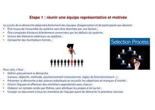 Etape 1 : réunir une équipe représentative et motivée
Le succès de la démarche dépendra fortement des équipes d’organisation et de participants qui doivent :
• Être issues de l’ensemble du système sans être dominée par une faction ;
• Être composée d’acteurs directement concernées par les défauts du système ;
• Inclure des éléments extérieurs au système ;
• Comporter des facilitateurs formés ;
Pour cela, il faut :
• Définir précisément la démarche
(raisons, objectifs, méthode, positionnement institutionnel, règles de fonctionnement…) ;
• Présenter la démarche à des acteurs individuels et recueillir les objections et marques d’intérêt ;
• Choisir l’équipe et effectuer des entretiens approfondis avec chacun ;
• Elaborer un compte-rendu par thème, sans attribuer les propos à tel ou tel ;
• Envoyer ce document à tous les membres de l’équipe avant de démarrer la première réunion.
 