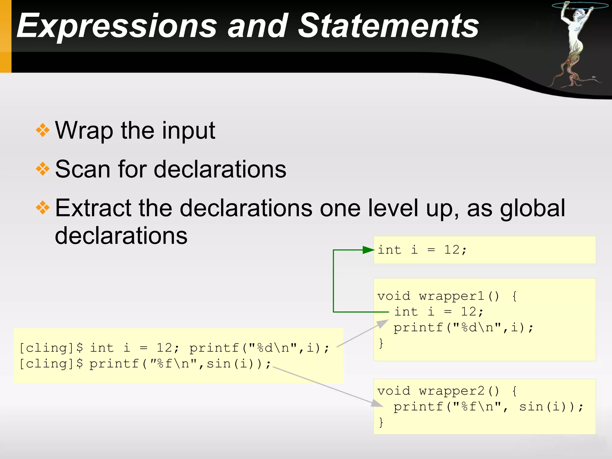 [cling]$
[cling]$
int i = 12; printf("%dn",i);
printf("%fn",sin(i));
Expressions and Statements
 Wrap the input
 Scan for declarations
 Extract the declarations one level up, as global
declarations
void wrapper1() {
int i = 12;
printf("%dn",i);
}
void wrapper2() {
printf("%fn", sin(i));
}
int i = 12;
 