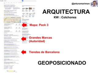 #ClinicSEO @oriolm - @arturomarimon - @jordiobdotcom
ARQUITECTURA
KW : Colchones
Mapa: Pack 3
Grandes Marcas
(Autoridad)
Tiendas de Barcelona
GEOPOSICIONADO
@arturomarimon
 