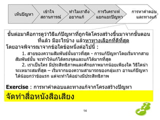 การหาคำตอบ และทางแก้ การวิเคราะห์  แยกแยะปัญหา ทำไมเราถึง   อยากแก้ เข้าใจ สถานการณ์ เห็นปัญหา ขั้นต่อมาคือการดูว่าวิธีแก้ปัญหาที่ถูกจัดโครงสร้างขึ้นมาจากขั้นตอนที่แล้ว   มีอะไรบ้าง   แล้ว หาทางเลือกที่ดีที่สุด โดยอาจพิจารณาจากข้อใดข้อหนึ่งต่อไปนี้  : 1.  สายของความสัมพันธ์นั้นยาวที่สุด  -  การแก้ปัญหาโดยเริ่มจากสายสัมพันธ์นั้น จะทำให้แก้ได้ตรงจุดและแก้ได้มากที่สุด 2.  เราเป็นใคร มีประสิทธิภาพและศักยภาพมากน้อยเพียงใด วิธีใดน่าจะเหมาะสมที่สุด   – เริ่มจากมองความสามารถของกลุ่มเรา อาจแก้ปัญหาได้น้อยกว่าข้อแรก แต่จะทำได้อย่างมีประสิทธิภาพ Exercise  :  การหาคำตอบและทางแก้จากโครงสร้างปัญหา จัดทำสื่อหนังสือเสียง 