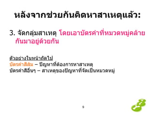 หลังจากช่วยกันคิดหาสาเหตุแล้ว : 3.  จัดกลุ่มสาเหตุ  โดยเอาบัตรคำ ที่หมวดหมู่ คล้ายกันมาอยู่ด้วยกัน ตัวอย่างในหน้าถัดไป บัตรคำสีส้ม  – ปัญหาที่ต้องการหาสาเหตุ บัตรคำสีอื่นๆ – สาเหตุของปัญหาที่จัดเป็นหมวดหมู่ 