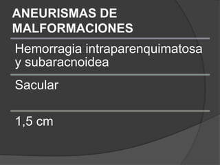 ANEURISMAS DE
MALFORMACIONES
Hemorragia intraparenquimatosa
y subaracnoidea
Sacular

1,5 cm
 
