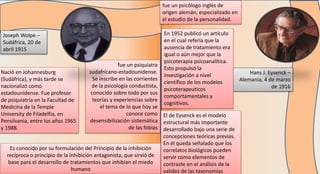 Joseph Wolpe –
Sudáfrica, 20 de
abril 1915
fue un psiquiatra
sudafricano-estadounidense.
Se inscribe en las corrientes
de la psicología conductista,
conocido sobre todo por sus
teorías y experiencias sobre
el tema de lo que hoy se
conoce como
desensibilización sistemática
de las fobias
Nació en Johannesburg
(Sudáfrica), y más tarde se
nacionalizó como
estadounidense. Fue profesor
de psiquiatría en la Facultad de
Medicina de la Temple
University de Filadelfia, en
Pensilvania, entre los años 1965
y 1988.
Es conocido por su formulación del Principio de la inhibición
recíproca o principio de la inhibición antagonista, que sirvió de
base para el desarrollo de tratamientos que inhibían el miedo
humano
Hans J. Eysenck –
Alemania, 4 de marzo
de 1916
fue un psicólogo inglés de
origen alemán, especializado en
el estudio de la personalidad.
En 1952 publicó un artículo
en el cual refería que la
ausencia de tratamiento era
igual o aún mejor que la
psicoterapia psicoanalítica.
Esto propulsó la
investigación a nivel
científico de los modelos
psicoterapeuticos
comportamentales y
cognitivos.
El de Eysenck es el modelo
estructural más importante
desarrollado bajo una serie de
concepciones teóricas previas.
En él queda señalado que los
correlatos biológicos pueden
servir como elementos de
contraste en el análisis de la
validez de las taxonomías
 