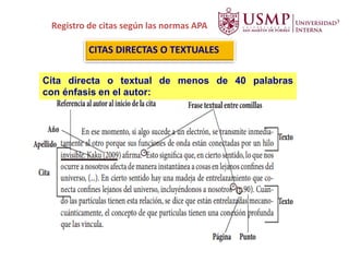 Registro de citas según las normas APA
Cita directa o textual de menos de 40 palabras
con énfasis en el autor:
CITAS DIRECTAS O TEXTUALES
 