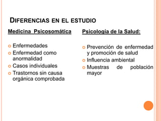 Si  bien la mayoria de las definiciones no especifican la inclusion de la salud mental dentro de la Psicologia de la salud, el aspecto central de todas ellas puede resumirse en que se trata del estudio de los mecanismos de cualquier forma de relacion entre conductas y salud. La mayoria de los libros de texto de Psicologia de la salud no incluyen capitulos dedicados a los denominados trastornos mentales. Este olvido aparentepuede tener otra interpretacion.En primer lugar, la Psicologia de la salud es todavia un campo en pleno desarrollo. En segundo lugar, desde su nacimiento la Psicologia de la Salud se ha orientado no solo al desarrollo  conceptual, teorico y metodologico de la disciplina, sino tambien a la delimitacion, orientacion y defensa del papel profesional del psicologo en este nuevo campo. Resulta plausible que se haya dado lugar a la omision probablemente temporal, de la salud mental, en el sentido de no confundir la deseada relevancia profesional de la nueva disciplina con un papel mas consolidado y aceptado como es el del psicologo clinico. 