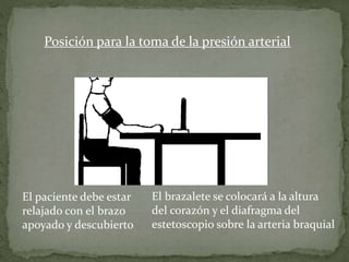 Posición para la toma de la presión arterial
El paciente debe estar
relajado con el brazo
apoyado y descubierto
El brazalete se colocará a la altura
del corazón y el diafragma del
estetoscopio sobre la arteria braquial
 