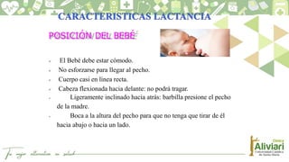 POSICIÓN DEL BEBÉ
 El Bebé debe estar cómodo.
 No esforzarse para llegar al pecho.
 Cuerpo casi en línea recta.
 Cabeza flexionada hacia delante: no podrá tragar.
 Ligeramente inclinado hacia atrás: barbilla presione el pecho
de la madre.
 Boca a la altura del pecho para que no tenga que tirar de él
hacia abajo o hacia un lado.
 