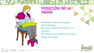 POSICIÓN DE LA
MAMÁ
✔ Hombros cómodos y relajados
✔ Espalda recta
✔ Acercar el bebé a la madre y no al
contrario
✔ El bebé se colocará frente a la madre,
barriga con barriga
 