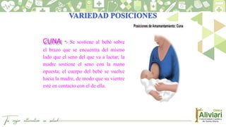 CUNA - Se sostiene al bebé sobre
el brazo que se encuentra del mismo
lado que el seno del que va a lactar; la
madre sostiene el seno con la mano
opuesta; el cuerpo del bebé se vuelve
hacia la madre, de modo que su vientre
esté en contacto con el de ella.
 