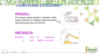 MANUAL:
No requiere ningún aparato y cualquier madre
puede realizarla en cualquier lugar del mundo.
aprendizaje para que sea efectiva.
MECANICA:
Realizan ellos la extracción
y más rápidos, costosos.
 