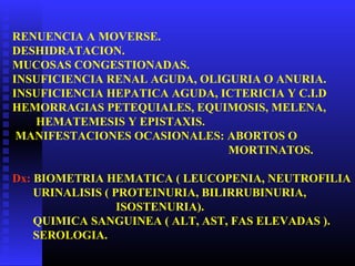 RENUENCIA A MOVERSE.
DESHIDRATACION.
MUCOSAS CONGESTIONADAS.
INSUFICIENCIA RENAL AGUDA, OLIGURIA O ANURIA.
INSUFICIENCIA HEPATICA AGUDA, ICTERICIA Y C.I.D
HEMORRAGIAS PETEQUIALES, EQUIMOSIS, MELENA,
HEMATEMESIS Y EPISTAXIS.
MANIFESTACIONES OCASIONALES: ABORTOS O
MORTINATOS.
Dx: BIOMETRIA HEMATICA ( LEUCOPENIA, NEUTROFILIA
URINALISIS ( PROTEINURIA, BILIRRUBINURIA,
ISOSTENURIA).
QUIMICA SANGUINEA ( ALT, AST, FAS ELEVADAS ).
SEROLOGIA.
 
