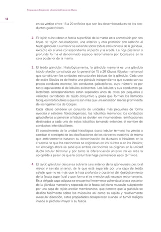 14
Programa de Prevención y Control del Cáncer de Mama
en su vértice entre 15 a 20 orificios que son las desembocaduras de los con-
ductos galactóforos.
2. El tejido subcutáneo o fascia superficial de la mama esta constituido por dos
hojas de tejido celuloadiposo, una anterior y otra posterior con relación al
tejido glandular. La anterior se extiende sobre toda la cara convexa de la glándula,
excepto en el área correspondiente al pezón y la areola. La hoja posterior o
profunda forma el denominado espacio retromamario por localizarse en la
cara posterior de la mama.
3. El tejido glandular. Histológicamente, la glándula mamaria es una glándula
túbulo alveolar constituida por lo general de 15 a 20 lóbulos (lóbulos mamarios)
que constituyen las unidades estructurales básicas de la glándula. Cada uno
de estos lóbulos es de hecho una glándula independiente que cuenta con su
propio conducto excretor, los conductos galactóforos, cuyo número es por
tanto equivalente al de lóbulos existentes. Los lóbulos y sus conductos ga-
lactóforos correspondientes están separados unos de otros por pequeñas y
variables cantidades de tejido conjuntivo y grasa que forman los llamados
tabiques interlobulares y que no son más que una extensión menos prominente
de los ligamentos de Cooper.
Cada lóbulo contiene un conjunto de unidades más pequeñas de forma
ovoidea y estroma fibrocolagenoso, los lobulillos mamarios; los conductos
galactóforos al penetrar al lóbulo se dividen en innumerables ramificaciones
destinadas a cada uno de estos lobulillos tomando entonces el nombre de
conductos interlobulillares.
El conocimiento de la unidad histológica ducto lobular terminal ha venido a
cambiar el concepto de las clasificaciones de los cánceres invasivos de mama
que anteriormente basaron su denominación de ductales o lobulares en la
creencia de que los carcinomas se originaban en los ductos o en los lóbulos;
sin embargo ahora se sabe que ambos carcinomas se originan en la unidad
ducto lobular terminal y por tanto la diferenciación anterior no es más la
apropiada a pesar de que la costumbre haga permanecer esos términos.
4. El tejido glandular descansa sobre la cara anterior de la aponeurosis pectoral
mayor y serrato anterior, de la que está separada por una capa de tejido
celular que no es más que la hoja profunda o posterior del desdoblamiento
de la fascia superficial y que forma el ya mencionado espacio retromamario.
Esta delgada capa adiposa se encuentra firmemente adherida a la cara posterior
de la glándula mamaria y separada de la fascia del plano muscular subyacente
por una capa de tejido areolar membranoso, que permite que la glándula se
deslice fácilmente sobre los músculos así como su rápida y relativamente
avascular disección, estas propiedades desaparecen cuando un tumor maligno
invade al pectoral mayor o su fascia.
 