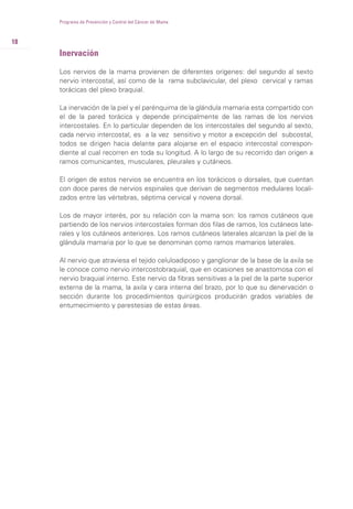 Inervación
Los nervios de la mama provienen de diferentes orígenes: del segundo al sexto
nervio intercostal, así como de la rama subclavicular, del plexo cervical y ramas
torácicas del plexo braquial.
La inervación de la piel y el parénquima de la glándula mamaria esta compartido con
el de la pared torácica y depende principalmente de las ramas de los nervios
intercostales. En lo particular dependen de los intercostales del segundo al sexto,
cada nervio intercostal, es a la vez sensitivo y motor a excepción del subcostal,
todos se dirigen hacia delante para alojarse en el espacio intercostal correspon-
diente al cual recorren en toda su longitud. A lo largo de su recorrido dan origen a
ramos comunicantes, musculares, pleurales y cutáneos.
El origen de estos nervios se encuentra en los torácicos o dorsales, que cuentan
con doce pares de nervios espinales que derivan de segmentos medulares locali-
zados entre las vértebras, séptima cervical y novena dorsal.
Los de mayor interés, por su relación con la mama son: los ramos cutáneos que
partiendo de los nervios intercostales forman dos filas de ramos, los cutáneos late-
rales y los cutáneos anteriores. Los ramos cutáneos laterales alcanzan la piel de la
glándula mamaria por lo que se denominan como ramos mamarios laterales.
Al nervio que atraviesa el tejido celuloadiposo y ganglionar de la base de la axila se
le conoce como nervio intercostobraquial, que en ocasiones se anastomosa con el
nervio braquial interno. Este nervio da fibras sensitivas a la piel de la parte superior
externa de la mama, la axila y cara interna del brazo, por lo que su denervación o
sección durante los procedimientos quirúrgicos producirán grados variables de
entumecimiento y parestesias de estas áreas.
18
Programa de Prevención y Control del Cáncer de Mama
 