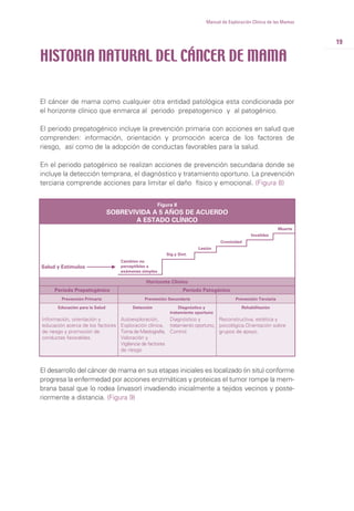 19
Manual de Exploración Clínica de las Mamas
El cáncer de mama como cualquier otra entidad patológica esta condicionada por
el horizonte clínico que enmarca al periodo prepatogenico y al patogénico.
El periodo prepatogénico incluye la prevención primaria con acciones en salud que
comprenden: información, orientación y promoción acerca de los factores de
riesgo, así como de la adopción de conductas favorables para la salud.
En el periodo patogénico se realizan acciones de prevención secundaria donde se
incluye la detección temprana, el diagnóstico y tratamiento oportuno. La prevención
terciaria comprende acciones para limitar el daño físico y emocional. (Figura 8)
HISTORIA NATURAL DEL CÁNCER DE MAMA
Figura 8
SOBREVIVIDA A 5 AÑOS DE ACUERDO
A ESTADO CLÍNICO
Período Prepatogénico Período PatogénicoPeríodo Prepatogénico
Salud y Estímulos
Período Patogénico
Horizonte Clínico
Prevención Primaria Prevención Secundaria Prevención Terciaria
Educación para la Salud Detección
Cambios no
perceptibles a
exámenes simples
Sig.y Sint.
Lesión
Cronicidad
Invalidez
Muerte
Diagnóstico y
tratamiento oportuno
Rehabilitación
Información, orientación y
educación acerca de los factores
de riesgo y promoción de
conductas favorables.
Autoexploración,
Exploración clínica,
Toma de Mastografía,
Valoración y
Vigilancia de factores
de riesgo
Diagnóstico y
tratamiento oportuno,
Control
Reconstructiva, estética y
psicológica.Orientación sobre
grupos de apoyo.
El desarrollo del cáncer de mama en sus etapas iniciales es localizado (in situ) conforme
progresa la enfermedad por acciones enzimáticas y proteicas el tumor rompe la mem-
brana basal que lo rodea (invasor) invadiendo inicialmente a tejidos vecinos y poste-
riormente a distancia. (Figura 9)
 