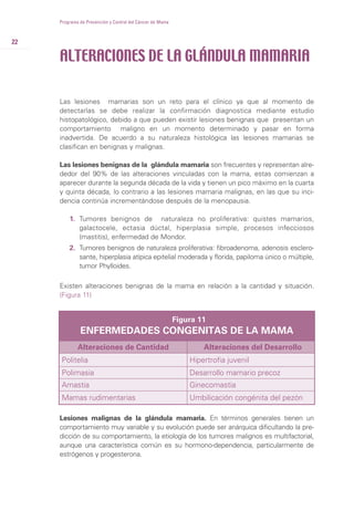 22
Programa de Prevención y Control del Cáncer de Mama
Las lesiones mamarias son un reto para el clínico ya que al momento de
detectarlas se debe realizar la confirmación diagnostica mediante estudio
histopatológico, debido a que pueden existir lesiones benignas que presentan un
comportamiento maligno en un momento determinado y pasar en forma
inadvertida. De acuerdo a su naturaleza histológica las lesiones mamarias se
clasifican en benignas y malignas.
Las lesiones benignas de la glándula mamaria son frecuentes y representan alre-
dedor del 90% de las alteraciones vinculadas con la mama, estas comienzan a
aparecer durante la segunda década de la vida y tienen un pico máximo en la cuarta
y quinta década, lo contrario a las lesiones mamaria malignas, en las que su inci-
dencia continúa incrementándose después de la menopausia.
1. Tumores benignos de naturaleza no proliferativa: quistes mamarios,
galactocele, ectasia dúctal, hiperplasia simple, procesos infecciosos
(mastitis), enfermedad de Mondor.
2. Tumores benignos de naturaleza proliferativa: fibroadenoma, adenosis esclero-
sante, hiperplasia atípica epitelial moderada y florida, papiloma único o múltiple,
tumor Phylloides.
Existen alteraciones benignas de la mama en relación a la cantidad y situación.
(Figura 11)
ALTERACIONES DE LA GLÁNDULA MAMARIA
Figura 11
ENFERMEDADES CONGENITAS DE LA MAMA
Alteraciones de Cantidad
Politelia Hipertrofia juvenil
Polimasia Desarrollo mamario precoz
Amastia Ginecomastia
Mamas rudimentarias Umbilicación congénita del pezón
Alteraciones del Desarrollo
Lesiones malignas de la glándula mamaria. En términos generales tienen un
comportamiento muy variable y su evolución puede ser anárquica dificultando la pre-
dicción de su comportamiento, la etiología de los tumores malignos es multifactorial,
aunque una característica común es su hormono-dependencia, particularmente de
estrógenos y progesterona.
 
