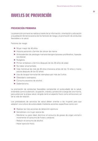 25
Manual de Exploración Clínica de las Mamas
NIVELES DE PREVENCIÓN
PREVENCIÓN PRIMARIA
La prevención primaria se realiza a través de la información, orientación y educación
a la población femenina acerca de los factores de riesgo y la promoción de conductas
favorables a la salud.
Factores de riesgo:
Ǡ Mujer mayor de 40 años.
Ǡ Historia personal o familiar de cáncer de mama.
Ǡ Antecedentes de patología mamaria benigna (proceso proliferativo, hiperpla-
sia atípica).
Ǡ Nuligesta.
Ǡ Primer embarazo a término después de los 30 años de edad.
Ǡ No haber amamantado.
Ǡ Vida menstrual de más de 40 años (menarca antes de los 12 años y meno-
pausia después de los 52 años).
Ǡ Uso de terapia hormonal de reemplazo por más de 5 años.
Ǡ Obesidad o sobrepeso.
Ǡ Consumo excesivo de alcohol.
Ǡ Sedentarismo.
La promoción de conductas favorables comprende el autocuidado de la salud,
entendido como la atención, ocupación, interés y protección a cargo de una misma,
para potenciar la propia salud, dirigido tanto al aspecto físico como emocional y al
de la vida de relación.
Los prestadores de servicios de salud deben orientar a las mujeres para que
adopten una cultura de autocuidado mediante acciones específicas como son:
Ǡ Realizar las tres acciones de detección oportuna.
Ǡ Sensibilizar a la mujer acerca de:
- Mantener su peso ideal, disminuir el consumo de grasas de origen animal e
incrementar el consumo de frutas y verduras.
- Reducir el consumo de alcohol.
- Hacer ejercicio físico.
 