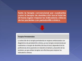 Tanto la terapia convencional por cuadrantes
como la terapia de desinfección bucal total de
24 horas logran mejorar los indicadores clínicos
de los pacientes con periodontitis crónica.
 