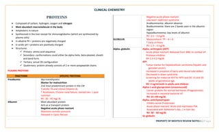 CLINICAL CHEMISTRY
PROPERTY OF MEDTECH REVIEW NOTES11 | P a g e
PROTEINS
• Composed of carbon, hydrogen, oxygen and nitrogen
• Most abundant macromolecule in the body
• Amphoteric in nature
• Synthesized in the liver except for immunoglobulins (which are synthesized by
plasma cells)
• In alkaline Ph = proteins are negatively charged
• In acidic pH = proteins are positively charged
• Structures:
✓ Primary: amino acid sequence
✓ Secondary: conformations could either be alpha-helix, beta-pleated, sheath
and bend form
✓ Tertiary: actual 3D configuration
✓ Quaternary: protein already consists of 2 or more polypeptide chains
PLASMA PROTEINS
FRACTIONS SPECIFIC PROTEINS
Prealbumin Aka transthyretin
Marker for malnutrition
2nd most predominant protein in the CSF
Transfer T4 and retinol (Vitamin A)
↑ Alcoholism, Chronic renal failure, steroid txm. ↓ poor
nutrition
RV: 18 – 45 mg/ dL
Albumin Most abundant protein
Acts as a transport protein
Negative acute phase reactant
Maintains osmotic pressure
Elevated in Cystic fibrosis
Negative acute phase reactant
Low level: nephrotic syndrome
Analbuminemia: albumin absence
Bisalbuminemia: there are 2 bands seen in the albumin
region
Hypoalbuminemia: low levels of albumin
RV: 3.5 – 5.0 g/dL
GLOBULIN Measurement: TP – A = G
↑ Early cirrhosis
RV: 2.3 – 3.5 g/dL
Alpha1 globulin Alpha1 antitrypsin (AAT)
Acute phase reactant. Released from WBC to combat inf
Protease inhibitor
NV 2.3-3.5 mg/dL
AFP
Tumor marker for hepatocellular carcinoma (hepatic and
gonodal cancer).
Increased in presence of twins and neural tube defect.
Decreased in down syndrome.
Screening for maternal AFP for NTD and DS: 15 and 20
weeks of gestational age.
RV: 5 ng/ml both in adults and children
Alpha-1-acid-glycoprotein (orosomucoid)
Carrier proteins for steroid hormones (Progesterone).
Increased in neonatal bacterial inf.
RV: 55-140 mg/dL
Alpha1-antichymotrypsin
Inhibits serine Proteinases
Acute phase reactant. Binds and inactivates PSA
Associated with Alzheimer’s dxs, ↓ in liver dxs
RV: 30 – 60 mg/dL
Gc-globulin
 