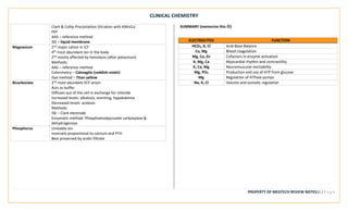 CLINICAL CHEMISTRY
PROPERTY OF MEDTECH REVIEW NOTES21 | P a g e
Clark & Collip Precipitation (titration with KMnO4)
FEP
AAS – reference method
ISE – liquid membrane
Magnesium 2nd major cation in ICF
4th most abundant ion in the body
2nd mostly affected by hemolysis (after potassium)
Methods:
AAS – reference method
Colorimetry – Calmagite (reddish-violet)
Dye method – Titan yellow
Bicarbonate 2nd most abundant ECF anion
Acts as buffer
Diffuses out of the cell in exchange for chloride
Increased levels: alkalosis, vomiting, hypokalemia
Decreased levels: acidosis
Methods:
ISE – Clark electrode
Enzymatic method: Phosphoenolpyruvate carboxylase &
dehydrogenase
Phosphorus Unstable ion
Inversely proportional to calcium and PTH
Best preserved by acidic filtrate
SUMMARY (memorize this ☺)
ELECTROLYTES FUNCTION
HCO3, K, Cl Acid-Base Balance
Ca, Mg Blood coagulation
Mg, Ca, Zn Cofactors in enzyme activation
K, Mg, Ca Myocardial rhythm and contractility
K, Ca, Mg Neuromuscular excitability
Mg, PO4 Production and use of ATP from glucose
Mg Regulation of ATPase pumps
Na, K, Cl Volume and osmotic regulation
 