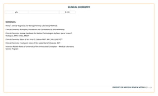 CLINICAL CHEMISTRY
PROPERTY OF MEDTECH REVIEW NOTES29 | P a g e
pO2 0.133
REFERENCES:
Henry’s Clinical Diagnosis and Management by Laboratory Methods
Clinical Chemistry: Principles, Procedures and Correlations by Michael Bishop
Clinical Chemistry Review Handbook for Medical Technologists by Dean Maria Teresa T.
Rodriguez, RMT, MAEd, MSMT
Clinical Chemistry Notes of Mr. Errol E. Coderes RMT, IMLT, MLS (ASCPi)CM
Clinical Chemistry Checkpoint notes of Ms. Judea Marie Policarpio, RMT
Intensive Review Notes of University of the Immaculate Conception – Medical Laboratory
Science Program
 