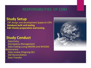 RESPONSIBILITIES OF CDM
Study Setup
➢CRF design and development (paper/e-CRF)
➢Database built and testing
➢Edit Checks preparation and testing
Study Conduct
➢Data Entry
➢Discrepancy Management
➢Data Coding (using MEDRA and WHODD
dictionaries)
➢Data review (Ongoing QC)
➢SAE Reconciliation
➢Data Transfer
 