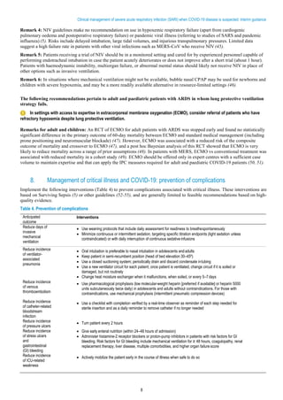 8
Clinical management of severe acute respiratory infection (SARI) when COVID-19 disease is suspected: Interim guidance
Remark 4: NIV guidelines make no recommendation on use in hypoxemic respiratory failure (apart from cardiogenic
pulmonary oedema and postoperative respiratory failure) or pandemic viral illness (referring to studies of SARS and pandemic
influenza) (5). Risks include delayed intubation, large tidal volumes, and injurious transpulmonary pressures. Limited data
suggest a high failure rate in patients with other viral infections such as MERS-CoV who receive NIV (45).
Remark 5: Patients receiving a trial of NIV should be in a monitored setting and cared for by experienced personnel capable of
performing endotracheal intubation in case the patient acutely deteriorates or does not improve after a short trial (about 1 hour).
Patients with haemodynamic instability, multiorgan failure, or abnormal mental status should likely not receive NIV in place of
other options such as invasive ventilation.
Remark 6: In situations where mechanical ventilation might not be available, bubble nasal CPAP may be used for newborns and
children with severe hypoxemia, and may be a more readily available alternative in resource-limited settings (46).
The following recommendations pertain to adult and paediatric patients with ARDS in whom lung protective ventilation
strategy fails.
In settings with access to expertise in extracorporeal membrane oxygenation (ECMO), consider referral of patients who have
refractory hypoxemia despite lung protective ventilation.
Remarks for adult and children: An RCT of ECMO for adult patients with ARDS was stopped early and found no statistically
significant difference in the primary outcome of 60-day mortality between ECMO and standard medical management (including
prone positioning and neuromuscular blockade) (47). However, ECMO was associated with a reduced risk of the composite
outcome of mortality and crossover to ECMO (47), and a post hoc Bayesian analysis of this RCT showed that ECMO is very
likely to reduce mortality across a range of prior assumptions (48). In patients with MERS, ECMO vs conventional treatment was
associated with reduced mortality in a cohort study (49). ECMO should be offered only in expert centres with a sufficient case
volume to maintain expertise and that can apply the IPC measures required for adult and paediatric COVID-19 patients (50, 51).
8. Management of critical illness and COVID-19: prevention of complications
Implement the following interventions (Table 4) to prevent complications associated with critical illness. These interventions are
based on Surviving Sepsis (5) or other guidelines (52-55), and are generally limited to feasible recommendations based on high-
quality evidence.
Table 4. Prevention of complications
Anticipated
outcome
Interventions
Reduce days of
invasive
mechanical
ventilation
• Use weaning protocols that include daily assessment for readiness to breathespontaneously
• Minimize continuous or intermittent sedation, targeting specific titration endpoints (light sedation unless
contraindicated) or with daily interruption of continuous sedative infusions
Reduce incidence
of ventilator-
associated
pneumonia
• Oral intubation is preferable to nasal intubation in adolescents andadults
• Keep patient in semi-recumbent position (head of bed elevation 30–45º)
• Use a closed suctioning system; periodically drain and discard condensate intubing
• Use a new ventilator circuit for each patient; once patient is ventilated, change circuit if it is soiled or
damaged, but not routinely
• Change heat moisture exchanger when it malfunctions, when soiled, or every 5–7days
Reduce incidence
of venous
thromboembolism
• Use pharmacological prophylaxis (low molecular-weight heparin [preferred if available] or heparin 5000
units subcutaneously twice daily) in adolescents and adults without contraindications. For those with
contraindications, use mechanical prophylaxis (intermittent pneumatic compression devices)
Reduce incidence
of catheter-related
bloodstream
infection
• Use a checklist with completion verified by a real-time observer as reminder of each step needed for
sterile insertion and as a daily reminder to remove catheter if no longer needed
Reduce incidence
of pressure ulcers
• Turn patient every 2 hours
Reduce incidence
of stress ulcers
and
gastrointestinal
(GI) bleeding
• Give early enteral nutrition (within 24–48 hours of admission)
• Administer histamine-2 receptor blockers or proton-pump inhibitors in patients with risk factors for GI
bleeding. Risk factors for GI bleeding include mechanical ventilation for ≥ 48 hours, coagulopathy, renal
replacement therapy, liver disease, multiple comorbidities, and higher organ failure score
Reduce incidence
of ICU-related
weakness
• Actively mobilize the patient early in the course of illness when safe to do so
 