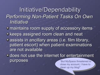 Initiative/Dependability <ul><li>Performing Non-Patient Tasks On Own Initiative </li></ul><ul><li>maintains room supply of...
