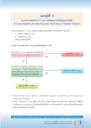 แ น ว ท า ง เ ว ช ป ฏิ บั ติ ก ร ณี ส ม อ ง บ า ด เ จ็ บ
(Clinical Practice Guidelines for Traumatic Brain Injury) 17
แนวปฏิบัติฉบับนี้ใช้เพื่อเป็นแนวทางเพื่อใช้ในการดูแลผู้ป่วยเท่านั้น การดูแลผู้ป่วยในสถานการณ์จริง อาจแตกต่างออกไปขึ้นอยู่กับความพร้อมของโรงพยาบาล
การพิจารณาส่งตรวจ CT scan กรณีสมองบาดเจ็บไม่รุนแรงในเด็ก แบ่งออกเป็น 2 กลุ่ม ได้แก่
	 A.	กลุ่มเด็กอายุน้อยกว่า 2 ปี
	 B. 	กลุ่มเด็กอายุ 2-15 ปี
	 ดังมีรายละเอียดต่อไปนี้23

A. Mild Traumatic Brain Injury ในเด็กอายุน้อยกว่า 2 ปี
แผนภูมิที่ 6
แนวทางการส่งตรวจ CT scan กรณีสมองบาดเจ็บไม่รุนแรงในเด็ก
(CT Scan Guideline for Mild Traumatic Brain Injury in Pediatric Patients)
*	 altered mental status : agitation, somnolence, repetitive questioning, or slow response to

	 verbal communication.
**	severe mechanisms: ตกจากที่สูง >0.9 เมตร (3 ฟุต); ศีรษะถูกกระแทกอย่างแรง; อุบัติเหตุจราจรที่ผู้ป่วย

	 กระเด็นออกจากยานพาหนะ, ผู้ร่วมโดยสารอื่นเสียชีวิต, ยานพาหนะพลิกคว่ำ; ถูกรถชนในขณะเดินถนนหรือ

	 ขี่จักรยานโดยไม่สวมหมวกกันน็อค






GCS score < 15 or other signs of altered
mental status*, or palpable skull fracture
ไม่แนะนำให้ทำ CT scan
แนะนำให้ทำ CT scan
Yes
No
No
Yes
สังเกตอาการ หรือ CT scan
Occipital or parietal or temporal scalp
haematoma, หรือมีประวัติหมดสตินานกว่า

5 วินาที, หรือ severe mechanism of injury **
หรือ ผู้ปกครอง/บิดามารดาแจ้งว่าเด็กผิดปกติ
_13-0690(001-030)P4.indd 17 8/15/13 1:34:49 PM
 