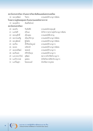 แ น ว ท า ง เ ว ช ป ฏิ บั ติ ก ร ณี ส ม อ ง บ า ด เ จ็ บ
(Clinical Practice Guidelines for Traumatic Brain Injury)iv
	สถาบันประสาทวิทยา ตัวแทนราชวิทยาลัยศัลยแพทย์แห่งประเทศไทย	

	 18	 นพ.กุลพัฒน์  	 วีรสาร 	 นายแพทย์ชำนาญการพิเศษ
	โรงพยาบาลภูมิพลอดุยเดช ตัวแทนกรมแพทย์ทหารอากาศ	

	 19	 นพ.สุทธิกร 	 ตัณฑ์ไพโรจน์	 

	สถาบันประสาทวิทยา	

	 20	 นพ.สวิง   	 ปันจัยสีห์	 นายแพทย์ทรงคุณวุฒิ
	 21	 น.ส.อิสรี   	 ตรีกมล 	 นักวิชาการสาธารสุขชำนาญการพิเศษ
	 22	 นพ.อนุศักดิ์   	 เลี่ยงอุดม	 นายแพทย์เชี่ยวชาญ
	 23	 นพ.ประเสริฐ   	 เอี่ยมปรีชากุล	 นายแพทย์ชำนาญการพิเศษ
	 24	 นพ.วุฒิพงษ์   	 ฐิรโฆไท 	 นายแพทย์ชำนาญการพิเศษ
	 25	 นพ.ธีระ   	 ตั้งวิริยะไพบูรณ์ 	 นายแพทย์ชำนาญการ
	 26	 นพ.พร    	 นริศชาติ  	 นายแพทย์ชำนาญการพิเศษ
	 27	 นพ.พงษ์วัฒน์   	 พลพงษ์   	 นายแพทย์ชำนาญการ
	 28	 นพ.ธีรเดช   	 ศรีกิจวิไลกุล        	 นายแพทย์ชำนาญการ
	 29	 น.ส.จรรยารักษ์ 	 สุพัฒน์	 พยาบาลวิชาชีพชำนาญการ
	 30	 น.ส.ธีราภรณ์  	 ผุดผ่อง	 นักจิตวิทยาคลินิกชำนาญการ
	 31	 น.ส.ชื่นสุดา   	 ไชยยะนนท์	 นักทรัพยากรบุคคล


_13-0690(000-2)P4.indd 4 8/15/13 1:34:26 PM
 