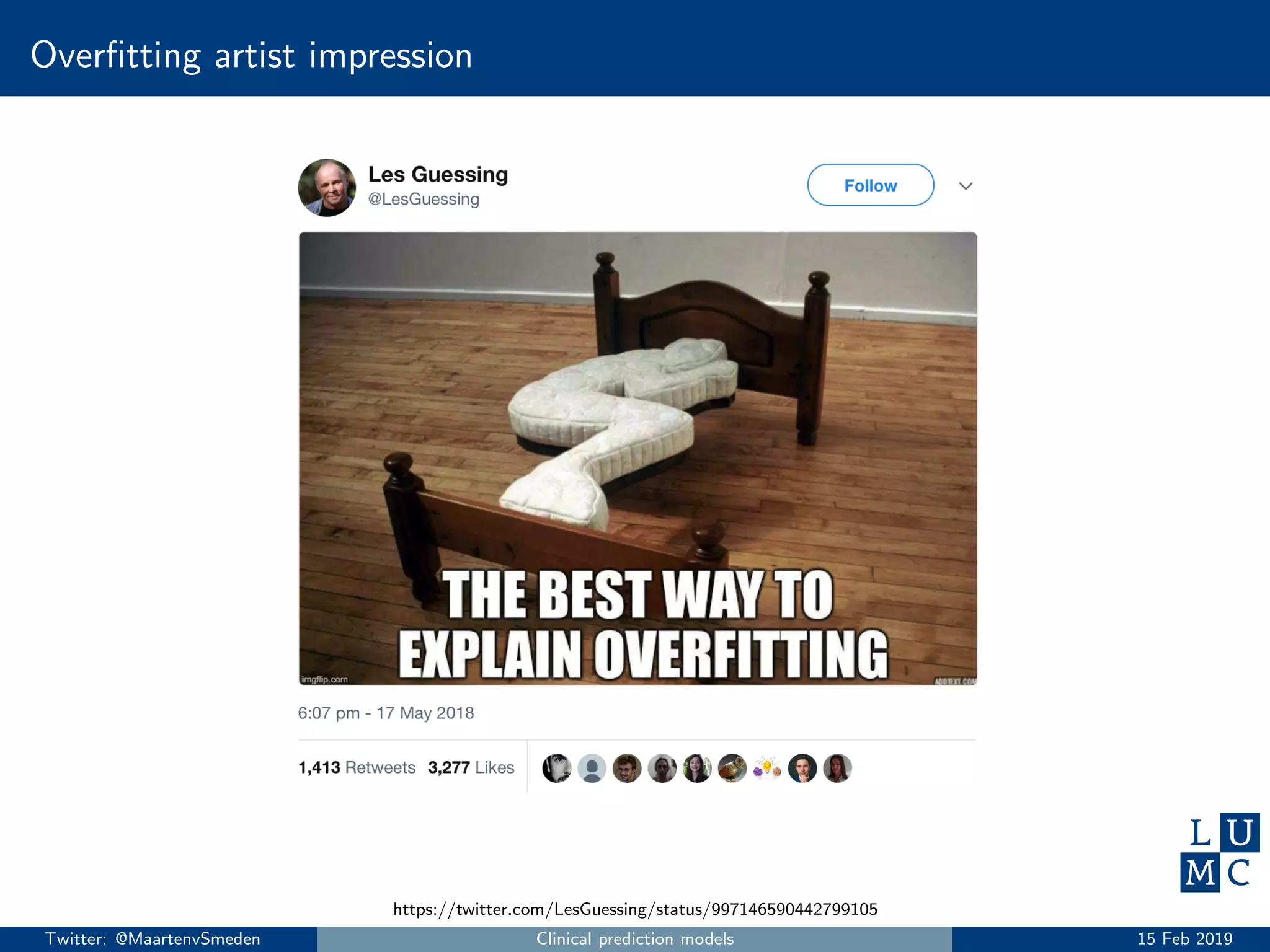 Overﬁtting artist impression
https://twitter.com/LesGuessing/status/997146590442799105
Twitter: @MaartenvSmeden Clinical prediction models 15 Feb 2019
 
