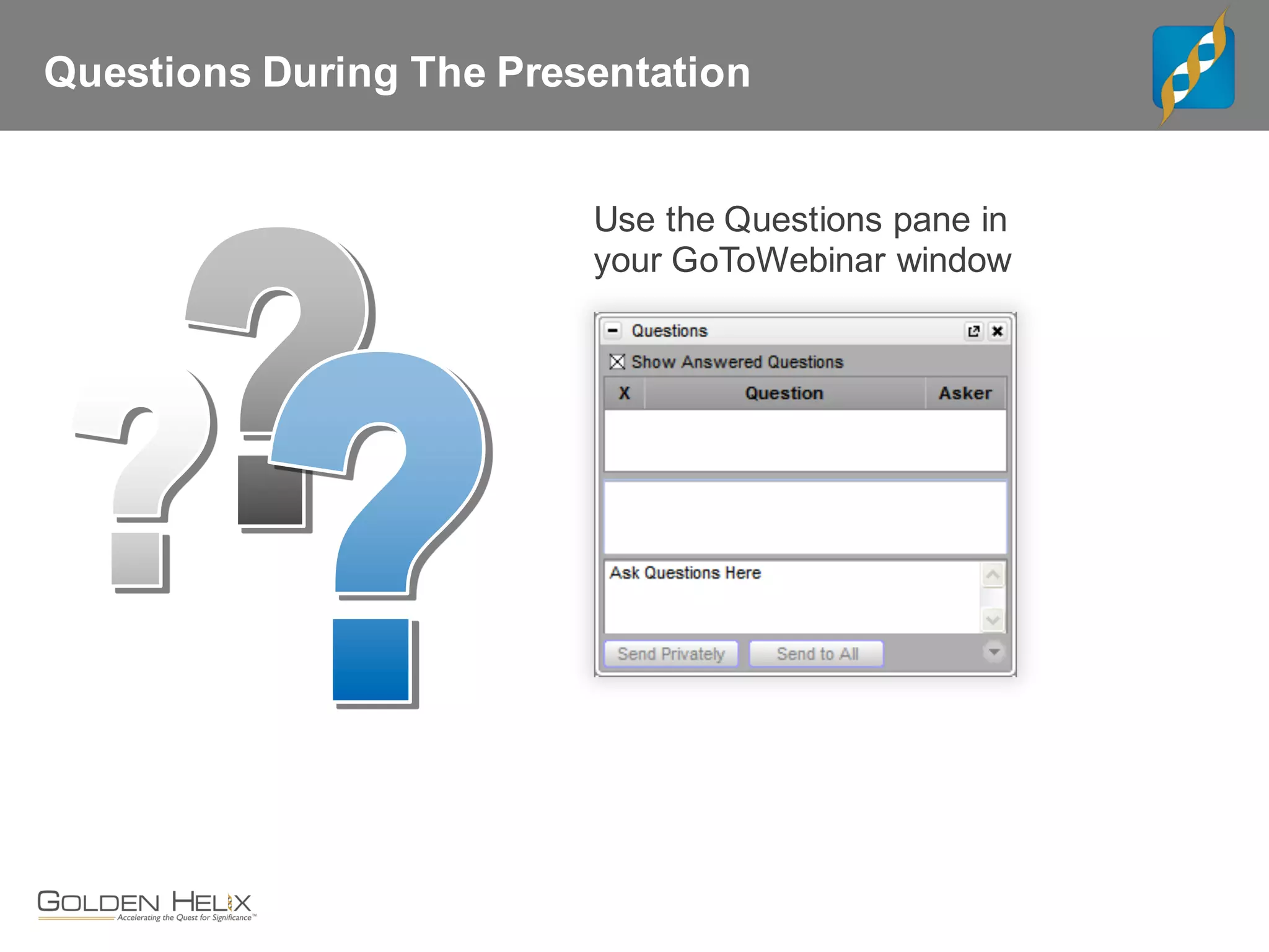 Use the Questions pane in
your GoToWebinar window
Questions During The Presentation