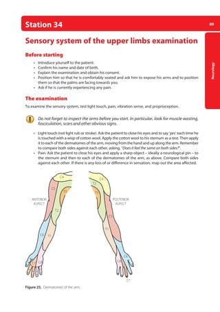 89
Neurology
Station 34
Sensory system of the upper limbs examination
Before starting
• Introduce yourself to the patient.
• Confirm his name and date of birth.
• Explain the examination and obtain his consent.
• Position him so that he is comfortably seated and ask him to expose his arms and to position
them so that the palms are facing towards you.
• Ask if he is currently experiencing any pain.
The examination
To examine the sensory system, test light touch, pain, vibration sense, and proprioception.
Do not forget to inspect the arms before you start. In particular, look for muscle wasting,
fasciculation, scars and other obvious signs.
• Light touch (not light rub or stroke). Ask the patient to close his eyes and to say ‘yes’ each time he
is touched with a wisp of cotton wool. Apply the cotton wool to his sternum as a test. Then apply
it to each of the dermatomes of the arm, moving from the hand and up along the arm. Remember
to compare both sides against each other, asking, “Does it feel the same on both sides?”.
• Pain. Ask the patient to close his eyes and apply a sharp object – ideally a neurological pin – to
the sternum and then to each of the dermatomes of the arm, as above. Compare both sides
against each other. If there is any loss of or difference in sensation, map out the area affected.
Figure 25. Dermatomes of the arm.
C4
C5
C5
POSTERIOR
ASPECT
ANTERIOR
ASPECT
C6
C8
C7
C4
C6
C8
C7
T3
T2
T1
T1
T3
T2
04-OCSEs-Neurology_5e ccp.indd 89 19/03/2015 12:34
 