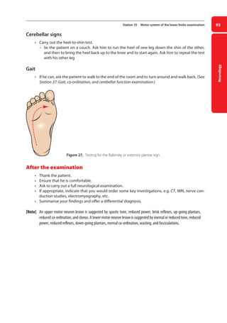 Neurology
93
Station 35 Motor system of the lower limbs examination
Cerebellar signs
• Carry out the heel-to-shin test.
–
– lie the patient on a couch. Ask him to run the heel of one leg down the shin of the other,
and then to bring the heel back up to the knee and to start again. Ask him to repeat the test
with his other leg
Gait
• If he can, ask the patient to walk to the end of the room and to turn around and walk back. (See
Station 37: Gait, co-ordination, and cerebellar function examination.)
After the examination
• Thank the patient.
• Ensure that he is comfortable.
• Ask to carry out a full neurological examination.
• If appropriate, indicate that you would order some key investigations, e.g. CT, MRI, nerve con-
duction studies, electromyography, etc.
• Summarise your findings and offer a differential diagnosis.
[Note] An upper motor neuron lesion is suggested by spastic tone, reduced power, brisk reflexes, up-going plantars,
reduced co-ordination, and clonus. A lower motor neuron lesion is suggested by normal or reduced tone, reduced
power, reduced reflexes, down-going plantars, normal co-ordination, wasting, and fasciculations.
Figure 27. Testing for the Babinsky or extensor plantar sign.
04-OCSEs-Neurology_5e ccp.indd 93 19/03/2015 12:34
 