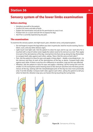 95
Neurology
Station 36
Sensory system of the lower limbs examination
Before starting
• Introduce yourself to the patient.
• Confirm his name and date of birth.
• Explain the examination and ask for his permission to carry it out.
• Position him on a couch and ask him to expose his legs.
• Ask if he is currently experiencing any pain.
The examination
To examine the sensory system, test light touch, pain, vibration sense, and proprioception.
• Do not forget to inspect the legs before you start. In particular, look for muscle wasting, fascicu-
lation, scars, and any other obvious signs.
• Light touch (not light rub). Ask the patient to close his eyes and to say ‘yes’ each time he is
touched with a wisp of cotton wool. Apply the cotton wool to his sternum as a test. Then apply
it to each of the dermatomes of the leg, moving from the foot and up along the leg. Remember
to compare both sides against each other, asking, “Does it feel the same on both sides?”.
• Pain. Ask the patient to close his eyes and apply a sharp object – ideally a neurological pin – to
the sternum and then to each of the dermatomes of the leg, as above. Compare both sides
against each other. If there is any loss of or difference in sensation, map out the area affected.
• Vibration. Ask the patient to close his eyes and apply a vibrating 128 Hz tuning fork (not the
smaller 512 Hz tuning fork used in hearing tests) to the sternum and then over the bony promi-
nences of the leg, starting with the interphalangeal joint of the big toe (test more proximally
only if not felt distally). Compare both sides against each other, asking the patient to tell you
when he feels the vibration stop (you can hasten this by touching the tuning fork).
L3
POSTERIOR
ASPECT
ANTERIOR
ASPECT
S1
L3
L4
L5
L2
L2
L1
L3
S2
L5
L4
L5
S1
S3
Figure 28. Dermatomes of the leg.
04-OCSEs-Neurology_5e ccp.indd 95 19/03/2015 12:34
 