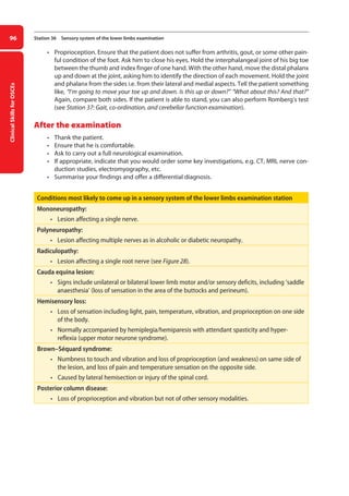 Clinical
Skills
for
OSCEs
96 Station 36 Sensory system of the lower limbs examination
• Proprioception. Ensure that the patient does not suffer from arthritis, gout, or some other pain-
ful condition of the foot. Ask him to close his eyes. Hold the interphalangeal joint of his big toe
between the thumb and index finger of one hand. With the other hand, move the distal phalanx
up and down at the joint, asking him to identify the direction of each movement. Hold the joint
and phalanx from the sides i.e. from their lateral and medial aspects. Tell the patient something
like, “I’m going to move your toe up and down. Is this up or down?” “What about this? And that?”
Again, compare both sides. If the patient is able to stand, you can also perform Romberg’s test
(see Station 37: Gait, co-ordination, and cerebellar function examination).
After the examination
• Thank the patient.
• Ensure that he is comfortable.
• Ask to carry out a full neurological examination.
• If appropriate, indicate that you would order some key investigations, e.g. CT, MRI, nerve con-
duction studies, electromyography, etc.
• Summarise your findings and offer a differential diagnosis.
Conditions most likely to come up in a sensory system of the lower limbs examination station
Mononeuropathy:
• lesion affecting a single nerve.
Polyneuropathy:
• lesion affecting multiple nerves as in alcoholic or diabetic neuropathy.
Radiculopathy:
• lesion affecting a single root nerve (see Figure 28).
Cauda equina lesion:
• signs include unilateral or bilateral lower limb motor and/or sensory deficits, including ‘saddle
anaesthesia’ (loss of sensation in the area of the buttocks and perineum).
Hemisensory loss:
• loss of sensation including light, pain, temperature, vibration, and proprioception on one side
of the body.
• normally accompanied by hemiplegia/hemiparesis with attendant spasticity and hyper-
reflexia (upper motor neurone syndrome).
Brown–Séquard syndrome:
• numbness to touch and vibration and loss of proprioception (and weakness) on same side of
the lesion, and loss of pain and temperature sensation on the opposite side.
• caused by lateral hemisection or injury of the spinal cord.
Posterior column disease:
• loss of proprioception and vibration but not of other sensory modalities.
04-OCSEs-Neurology_5e ccp.indd 96 19/03/2015 12:34
 