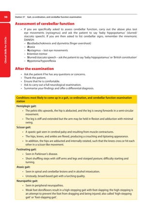Clinical
Skills
for
OSCEs
98 Station 37 Gait, co-ordination, and cerebellar function examination
Assessment of cerebellar function
• If you are specifically asked to assess cerebellar function, carry out the above plus test
eye movements (nystagmus) and ask the patient to say ‘baby hippopotamus’ (slurred/
staccato speech). If you are then asked to list cerebellar signs, remember the mnemonic
DANISH:
–
– Dysdiadochokinesis and dysmetria (finger overshoot)
–
– Ataxia
–
– Nystagmus – test eye movements
–
– Intention tremor
–
– Slurred/staccato speech – ask the patient to say ‘baby hippopotamus’ or ‘British constitution’
–
– Hypotonia/hyporeflexia
After the examination
• Ask the patient if he has any questions or concerns.
• Thank the patient.
• Ensure that he is comfortable.
• Ask to carry out a full neurological examination.
• Summarise your findings and offer a differential diagnosis.
Conditions most likely to come up in a gait, co-ordination, and cerebellar function examination
station
Hemiplegic gait:
• the pelvis tilts upwards, the hip is abducted, and the leg is swung forwards in a semi-circular
movement.
• the leg is stiff and extended but the arm may be held in flexion and adduction with minimal
swing.
Scissor gait:
• a spastic gait seen in cerebral palsy and resulting from muscle contractures.
• the hips, knees, and ankles are flexed, producing a crouching and tiptoeing appearance.
• in addition, the hips are adducted and internally rotated, such that the knees cross or hit each
other in a scissor-like movement.
Festinating gait:
• seen in Parkinson’s disease.
• short shuffling steps with stiff arms and legs and stooped posture; difficulty starting and
turning.
Ataxic gait:
• seen in spinal and cerebellar lesions and in alcohol intoxication.
• unsteady, broad-based gait with a lurching quality.
Neuropathic gait:
• seen in peripheral neuropathies.
• weak foot dorsiflexors result in a high-stepping gait with foot-slapping; the high-stepping is
an attempt to prevent the foot from dragging and being injured; also called ‘high-stepping
gait’ or ‘foot-slapping gait’.
04-OCSEs-Neurology_5e ccp.indd 98 19/03/2015 12:34
 