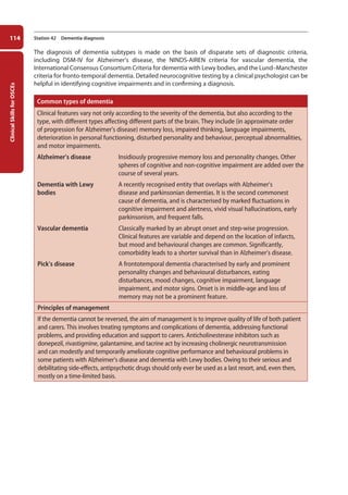 Clinical
Skills
for
OSCEs
114 Station 42 Dementia diagnosis
The diagnosis of dementia subtypes is made on the basis of disparate sets of diagnostic criteria,
including DSM-IV for Alzheimer’s disease, the NINDS-AIREN criteria for vascular dementia, the
International Consensus Consortium Criteria for dementia with Lewy bodies, and the Lund–Manchester
criteria for fronto-temporal dementia. Detailed neurocognitive testing by a clinical psychologist can be
helpful in identifying cognitive impairments and in confirming a diagnosis.
Common types of dementia
Clinical features vary not only according to the severity of the dementia, but also according to the
type, with different types affecting different parts of the brain. They include (in approximate order
of progression for Alzheimer’s disease) memory loss, impaired thinking, language impairments,
deterioration in personal functioning, disturbed personality and behaviour, perceptual abnormalities,
and motor impairments.
Alzheimer’s disease Insidiously progressive memory loss and personality changes. Other
spheres of cognitive and non-cognitive impairment are added over the
course of several years.
Dementia with Lewy
bodies
A recently recognised entity that overlaps with Alzheimer’s
disease and parkinsonian dementias. It is the second commonest
cause of dementia, and is characterised by marked fluctuations in
cognitive impairment and alertness, vivid visual hallucinations, early
parkinsonism, and frequent falls.
Vascular dementia Classically marked by an abrupt onset and step-wise progression.
Clinical features are variable and depend on the location of infarcts,
but mood and behavioural changes are common. Significantly,
comorbidity leads to a shorter survival than in Alzheimer’s disease.
Pick’s disease A frontotemporal dementia characterised by early and prominent
personality changes and behavioural disturbances, eating
disturbances, mood changes, cognitive impairment, language
impairment, and motor signs. Onset is in middle-age and loss of
memory may not be a prominent feature.
Principles of management
If the dementia cannot be reversed, the aim of management is to improve quality of life of both patient
and carers. This involves treating symptoms and complications of dementia, addressing functional
problems, and providing education and support to carers. Anticholinesterase inhibitors such as
donepezil, rivastigmine, galantamine, and tacrine act by increasing cholinergic neurotransmission
and can modestly and temporarily ameliorate cognitive performance and behavioural problems in
some patients with Alzheimer’s disease and dementia with Lewy bodies. Owing to their serious and
debilitating side-effects, antipsychotic drugs should only ever be used as a last resort, and, even then,
mostly on a time-limited basis.
05-OCSEs-Psychiatry_5e ccp.indd 114 19/03/2015 12:37
 