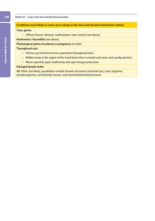 Clinical
Skills
for
OSCEs
150 Station 54 Lump in the neck and thyroid examination
Conditions most likely to come up in a lump in the neck and thyroid examination station
Toxic goitre:
• diffuse (Graves’ disease), multinodular, toxic nodule (see above).
Hashimoto’s thyroiditis (see above)
Physiological goitre of puberty or pregnancy (or both)
Thyroglossal cyst:
• fibrous cyst that forms from a persistent thyroglossal duct.
• midline lump in the region of the hyoid bone that is smooth and cystic and usually painless.
• moves upwards upon swallowing and upon tongue protrusion.
Enlarged lymph nodes
NB. Other, less likely, possibilities include thyroid carcinoma, branchial cyst, cystic hygroma
(lymphangioma), carotid body tumour, and sternocleidomastoid tumour.
06-OCSEs-Ophthalmology_5e ccp.indd 150 19/03/2015 07:23
 