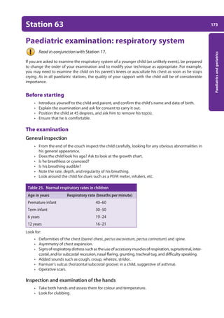 173
Paediatrics
and
geriatrics
Station 63
Paediatric examination: respiratory system
Read in conjunction with Station 17.
If you are asked to examine the respiratory system of a younger child (an unlikely event), be prepared
to change the order of your examination and to modify your technique as appropriate. For example,
you may need to examine the child on his parent’s knees or auscultate his chest as soon as he stops
crying. As in all paediatric stations, the quality of your rapport with the child will be of considerable
importance.
Before starting
• Introduce yourself to the child and parent, and confirm the child’s name and date of birth.
• Explain the examination and ask for consent to carry it out.
• Position the child at 45 degrees, and ask him to remove his top(s).
• Ensure that he is comfortable.
The examination
General inspection
• From the end of the couch inspect the child carefully, looking for any obvious abnormalities in
his general appearance.
• Does the child look his age? Ask to look at the growth chart.
• Is he breathless or cyanosed?
• Is his breathing audible?
• Note the rate, depth, and regularity of his breathing.
• Look around the child for clues such as a PEFR meter, inhalers, etc.
Table 25. Normal respiratory rates in children
Age in years Respiratory rate (breaths per minute)
Premature infant 40–60
Term infant 30–50
6 years 19–24
12 years 16–21
Look for:
• Deformities of the chest (barrel chest, pectus excavatum, pectus carinatum) and spine.
• Asymmetry of chest expansion.
• Signs of respiratory distress such as the use of accessory muscles of respiration, suprasternal, inter-
costal, and/or subcostal recession, nasal flaring, grunting, tracheal tug, and difficulty speaking.
• Added sounds such as cough, croup, wheeze, stridor.
• Harrison’s sulcus (horizontal subcostal groove; in a child, suggestive of asthma).
• Operative scars.
Inspection and examination of the hands
• Take both hands and assess them for colour and temperature.
• Look for clubbing.
07-OCSEs-Paediatrics__Geriatrics_5e ccp.indd 173 19/03/2015 13:05
 