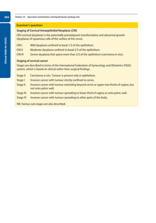 Clinical
Skills
for
OSCEs
202 Station 74 Speculum examination and liquid based cytology test
Examiner’s questions
Staging of Cervical Intraepithelial Neoplasia (CIN)
CIN (cervical dysplasia) is the potentially premalignant transformation and abnormal growth
(dysplasia) of squamous cells of the surface of the cervix.
CIN I Mild dysplasia confined to basal 1/3 of the epithelium.
CIN II Moderate dysplasia confined to basal 2/3 of the epithelium.
CIN III Severe dysplasia that spans more than 2/3 of the epithelium (carcinoma in situ).
Staging of cervical cancer
Stages are described in terms of the International Federation of Gynecology and Obstetrics (FIGO)
system, which is based on clinical rather than surgical findings.
Stage 0 Carcinoma in situ. Tumour is present only in epithelium.
Stage I Invasive cancer with tumour strictly confined to cervix.
Stage II Invasive cancer with tumour extending beyond cervix or upper two-thirds of vagina, but
not onto pelvic wall.
Stage III Invasive cancer with tumour spreading to lower third of vagina or onto pelvic wall.
Stage IV Invasive cancer with tumour spreading to other parts of the body.
NB: Various sub-stages are also described.
08-OCSEs-Obstet_Gynae_5e ccp.indd 202 19/03/2015 13:13
 