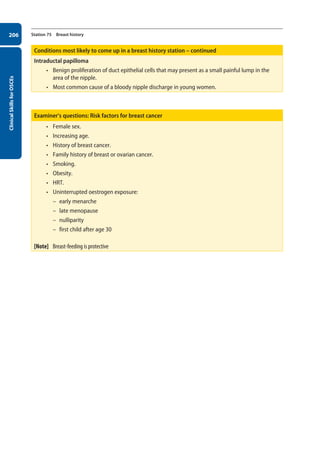 Clinical
Skills
for
OSCEs
206 Station 75 Breast history
Conditions most likely to come up in a breast history station – continued
Intraductal papilloma
• Benign proliferation of duct epithelial cells that may present as a small painful lump in the
area of the nipple.
• Most common cause of a bloody nipple discharge in young women.
Examiner’s questions: Risk factors for breast cancer
• Female sex.
• Increasing age.
• History of breast cancer.
• Family history of breast or ovarian cancer.
• Smoking.
• Obesity.
• HRT.
• Uninterrupted oestrogen exposure:
–
– early menarche
–
– late menopause
–
– nulliparity
–
– first child after age 30
[Note] Breast-feeding is protective
08-OCSEs-Obstet_Gynae_5e ccp.indd 206 19/03/2015 13:13
 