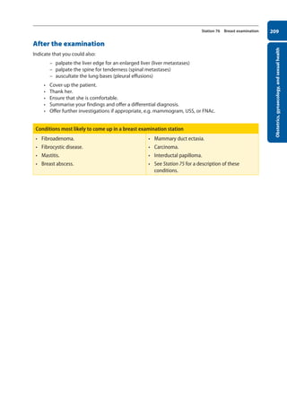 Obstetrics,
gynaecology,
and
sexual
health
209
Station 76 Breast examination
After the examination
Indicate that you could also:
–
– palpate the liver edge for an enlarged liver (liver metastases)
–
– palpate the spine for tenderness (spinal metastases)
–
– auscultate the lung bases (pleural effusions)
• Cover up the patient.
• Thank her.
• Ensure that she is comfortable.
• Summarise your findings and offer a differential diagnosis.
• Offer further investigations if appropriate, e.g. mammogram, USS, or FNAc.
Conditions most likely to come up in a breast examination station
• Fibroadenoma.
• Fibrocystic disease.
• Mastitis.
• Breast abscess.
• Mammary duct ectasia.
• Carcinoma.
• Interductal papilloma.
• See Station 75 for a description of these
conditions.
08-OCSEs-Obstet_Gynae_5e ccp.indd 209 19/03/2015 13:13
 