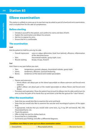 Clinical
Skills
for
OSCEs
232 Station 85
Elbow examination
This station is unlikely to come up on its own but may be asked as part of a hand and wrist examination,
and is included here for the sake of completeness.
Before starting
• Introduce yourself to the patient, and confirm his name and date of birth.
• Explain the examination and obtain his consent.
• Ask him to expose his arms.
• Ensure that he is comfortable.
The examination
Look
Ask the patient to hold his arms by his side.
• Overall impression: 
varus or valgus deformities (look from behind), effusions, inflammation
of the olecranon bursa
• Skin: rheumatoid nodules, gouty tophi, scars
• Muscle wasting: biceps, triceps, forearm
Feel
Ask if there is any pain before you start.
• Skin: temperature, psoriatic plaques, rheumatoid nodules, gouty tophi
• Joints: tenderness, effusions, synovial thickening
• Bones: tenderness of the lateral and medial epicondyles
Move
• Flexion and extension:
–
– tennis elbow: ask about pain at the lateral epicondyle on elbow extension and forced wrist
extension
–
– golfer’s elbow: ask about pain at the medial epicondyle on elbow flexion and forced wrist
flexion
• Pronation and supination. Show the patient how to tuck his elbows into his sides and to turn his
arms so that the palm of his hands face up and down (a bit like the gesture for ‘I don’t know’).
After the examination
• State that you would also like to examine the wrist and hand.
• State that you would also like to examine the vascular and neurological systems of the upper
limb.
• If appropriate, indicate that you would order some tests, e.g. X-ray (AP and lateral), FBC, ESR,
rheumatoid factor, etc.
• Thank the patient.
• Offer to help him put his clothes back on.
• Ensure that he is comfortable.
• Summarise your findings and offer a differential diagnosis.
Conditions most likely to come up in an elbow examination station
• Osteoarthritis         • Rheumatoid arthritis         • Olecranon bursitis
09-OCSEs-Orthopaedics_5e ccp.indd 232 19/03/2015 07:45
 